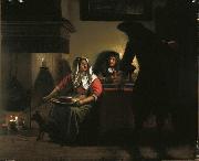 Pieter de Hooch Interior with Two Gentleman and a Woman Beside a Fire painting